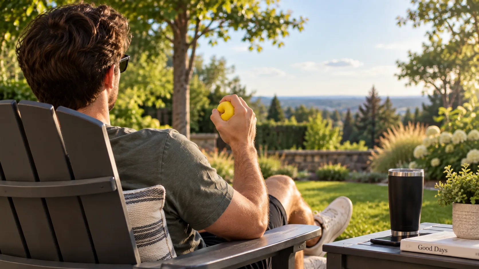 A man sitting outside in an evening garden, squeezing a yellow squishy in one hand.