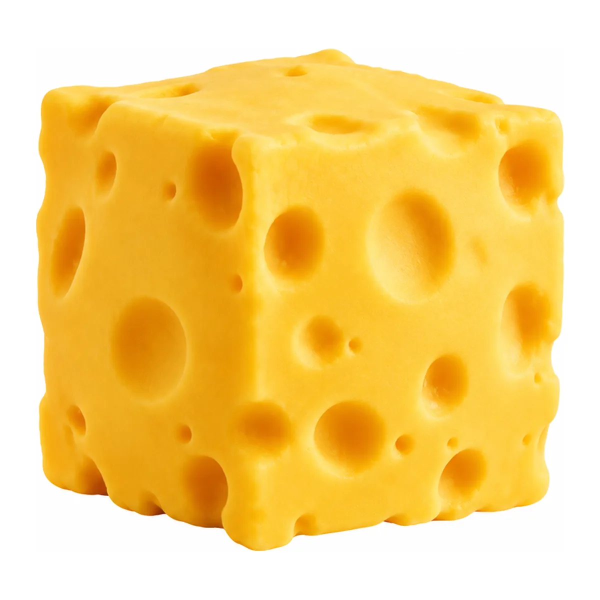 The Cheese Cube squishy alone on white, moulded with holes across every face.